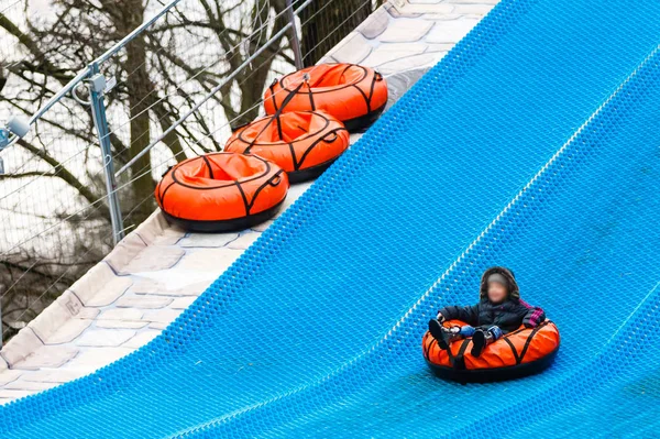 Child Girl Having Fun Winter Slide Park Daytime — Photo