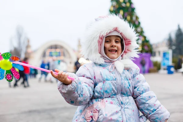 Little Girl Warm Clothes Having Fun New Year Festival — Stock Photo, Image