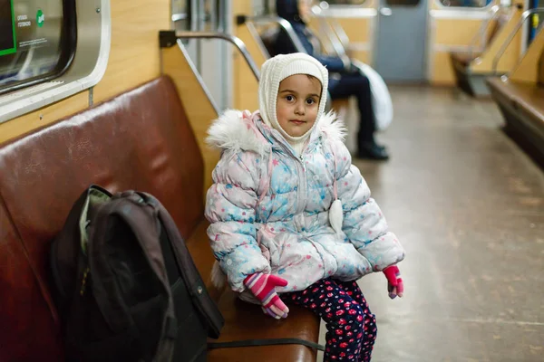 Little Girl Winter Clothes Sitting Subway Train — Stock Photo, Image