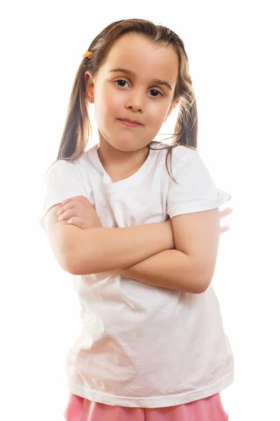 Bambina Shirt Bianca Posa Sfondo Bianco — Foto Stock