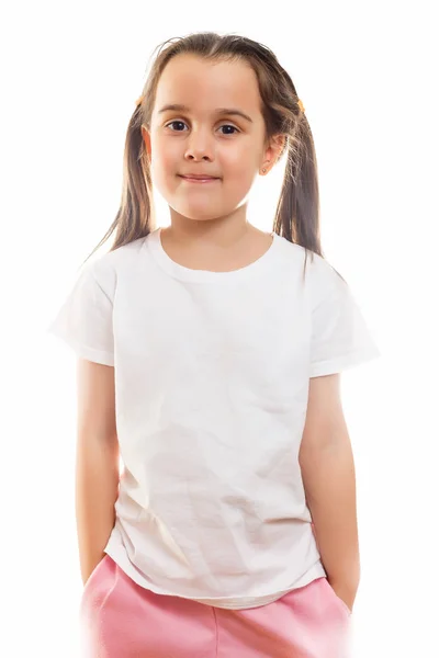 Bambina Shirt Bianca Posa Sfondo Bianco — Foto Stock