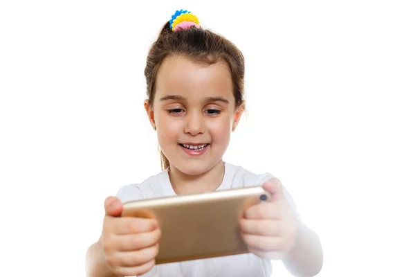 Brunette Little Girl Holding Smartphone White Background — Stock Photo, Image