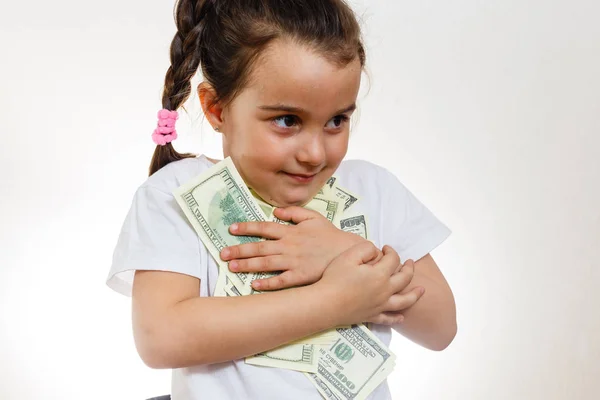 Vrolijke Brunette Meisje Houdt Dollars Witte Achtergrond — Stockfoto