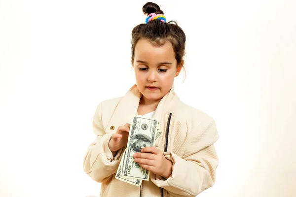Meisje Van Baby Aanhouden Van Geld Dollars Haar Handen Witte — Stockfoto