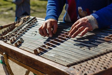 İnsan geleneksel bir müzik aleti çalar. 