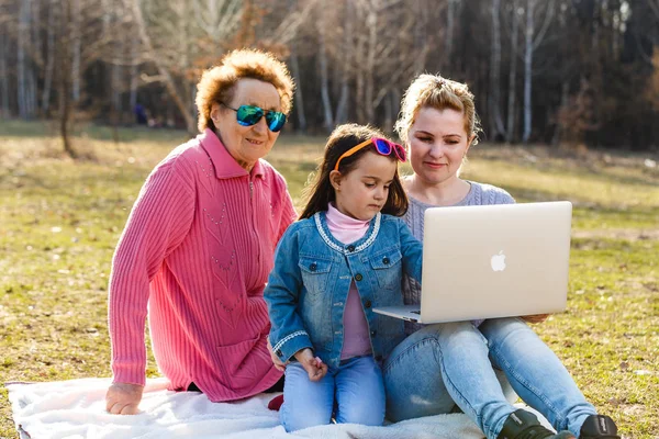 Three generations of family using laptop in park