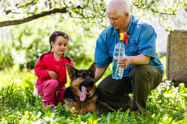 Abuelo Con Nieta Perro Descansando Jardín Primavera — Foto de Stock