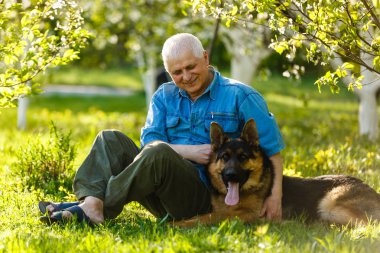 Parkta Alman çoban köpeği yle oturan yaşlı adam