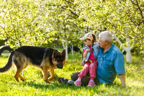 Abuelo Con Nieta Perro Descansando Jardín Primavera — Foto de Stock