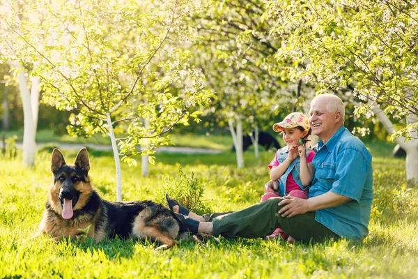 Großvater Mit Enkelin Und Hund Ruht Frühlingsgarten — Stockfoto