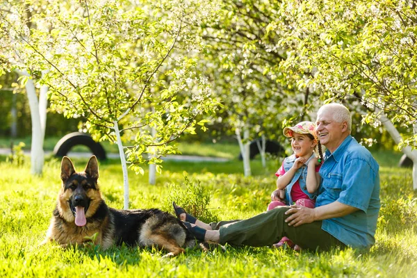 Großvater Mit Enkelin Und Hund Ruht Frühlingsgarten — Stockfoto