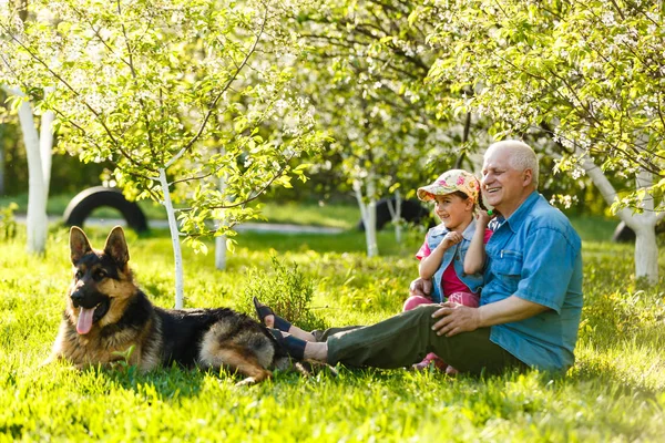 Dziadek Wnuczka Psa Odpoczynku Spring Garden — Zdjęcie stockowe