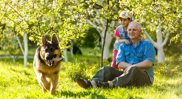 Abuelo Con Nieta Perro Descansando Jardín Primavera — Foto de Stock