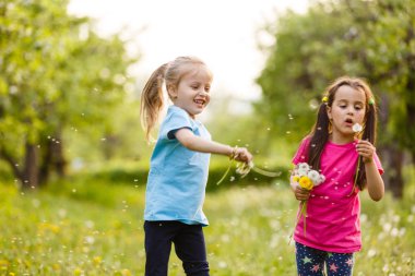 Dandelions alanıyla üzerinde yürüyen iki mutlu küçük kız