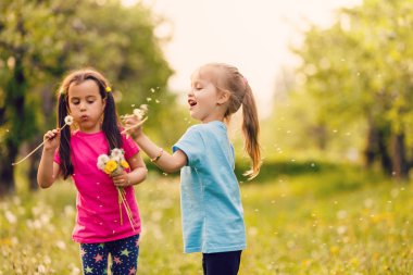 Dandelions alanıyla üzerinde yürüyen iki mutlu küçük kız