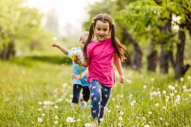 Dandelions alanıyla üzerinde yürüyen iki mutlu küçük kız