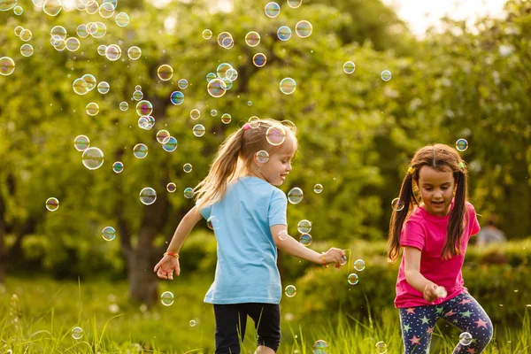 Deux Filles Jouant Dans Parc Vert Soufflant Des Bulles Savon — Photo