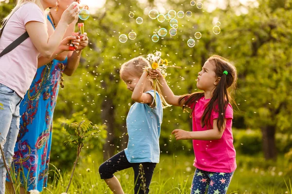 Mütter Mit Töchtern Pusten Seifenblasen Grünen Park — Stockfoto