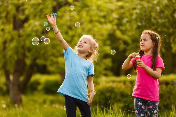 Deux Filles Jouant Dans Parc Vert Soufflant Des Bulles Savon — Photo