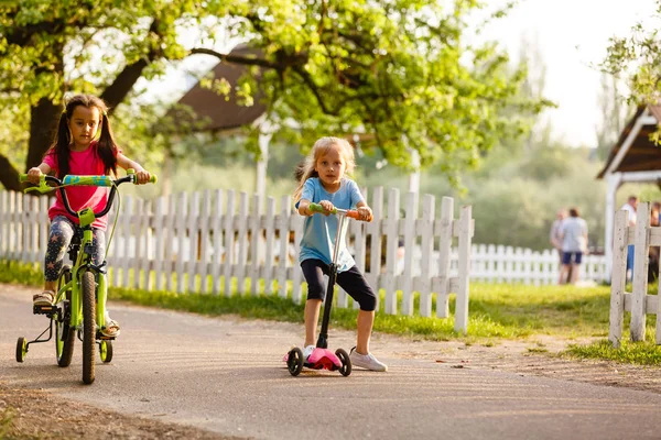 Gelukkige Meisjes Rijden Scooter Fiets Groene Lente Platteland — Stockfoto