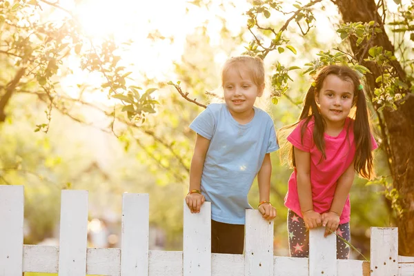 Ondeugende Meisjes Achter Wit Hek Platteland — Stockfoto