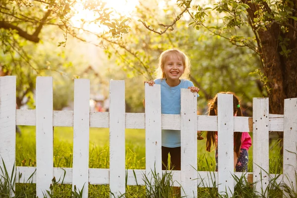 Ondeugende Meisjes Achter Wit Hek Platteland — Stockfoto