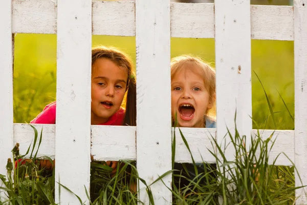 Little Mischievous Girls White Fence Countryside — Stock Photo, Image