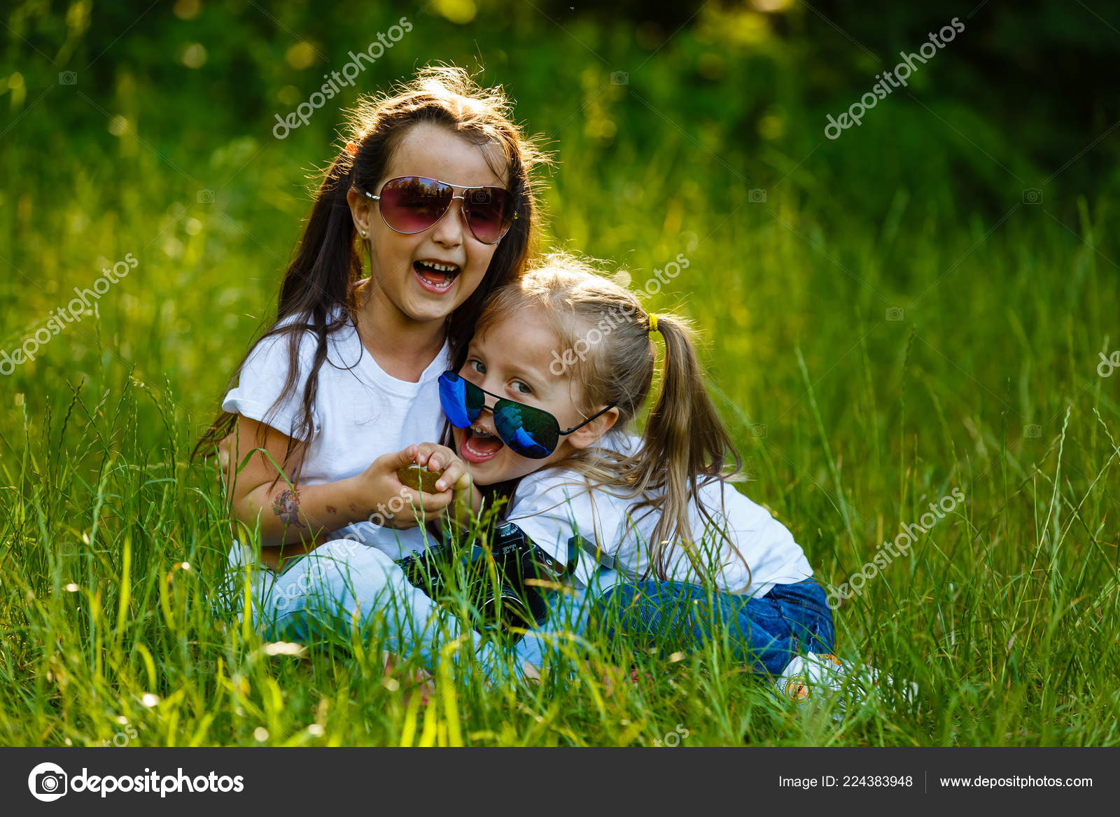 Two Little Girls Playing Camera Green Park Stock Photo by ©sinenkiy ...
