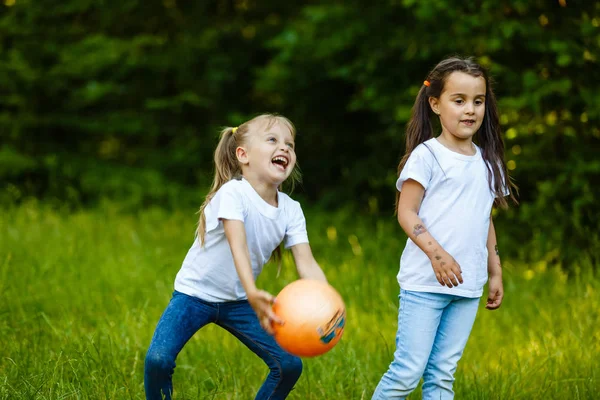 Deux Petites Filles Heureuses Jouant Avec Balle Dans Parc Été — Photo