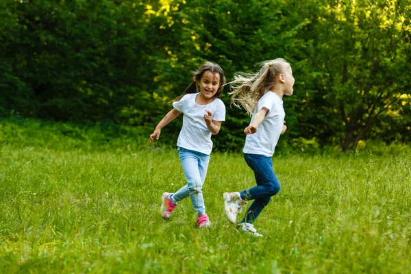 Glückliche Kinder Laufen Grünen Sommerpark — Stockfoto
