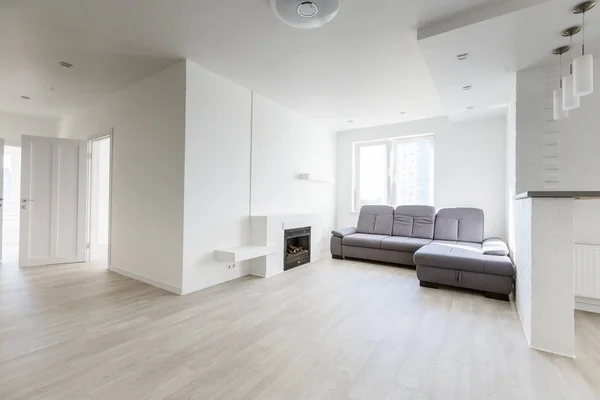 Luxuriöses Wohnzimmer Mit Extra Großem Sofa Kamin Und Pflanzen — Stockfoto