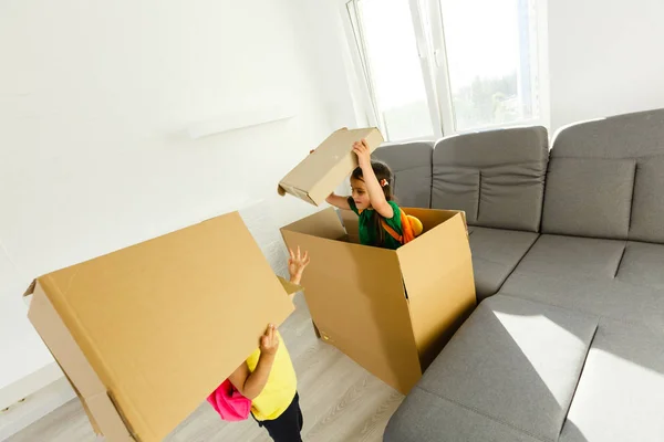 Deux Filles Âge Préscolaire Jouant Dans Des Boîtes Carton Maison — Photo