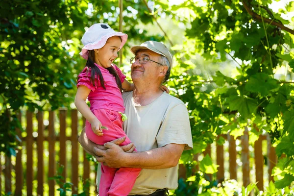 Happy Girl Hugging Grandfather Sunny Garden — Stock Photo, Image