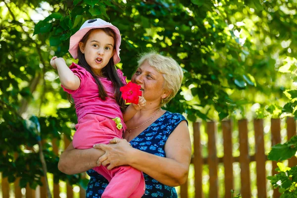 Счастливая Бабушка Позирует Маленькой Девочкой Саду — стоковое фото