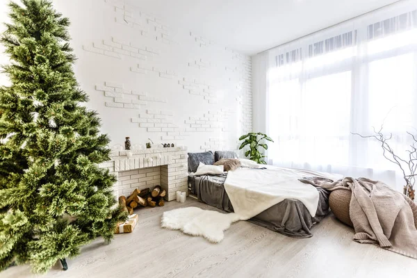 Interior Navidad Con Chimenea Estilo Loft Renderizado — Foto de Stock