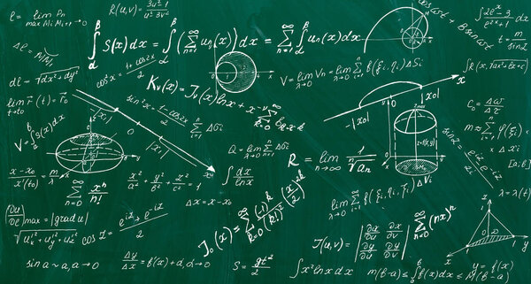 Maths formulas written by white chalk on blackboard