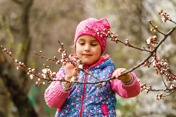 Маленька Дівчинка Позує Ранньому Квітковому Саду Вишні — стокове фото
