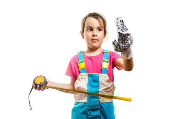 Retrato Menina Construtor Com Fita Métrica Isolada Fundo Branco Dac — Fotografia de Stock