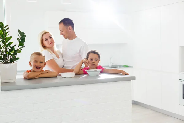 Happy Family Eating Breakfast White Modern Kitchen — Stock Photo, Image