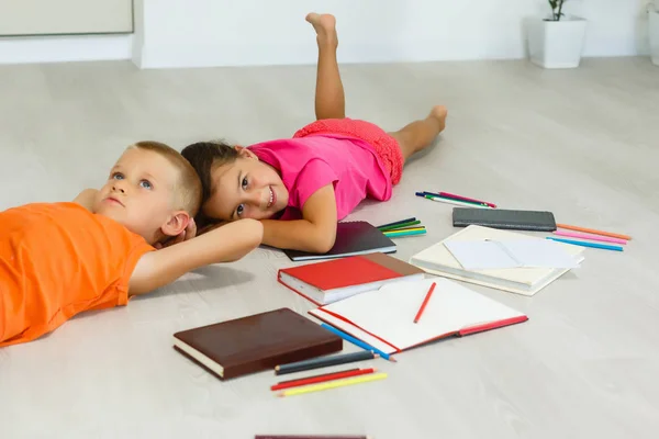 Little Girl Boy Preschool Age Studding Home Floor — Stock Photo, Image