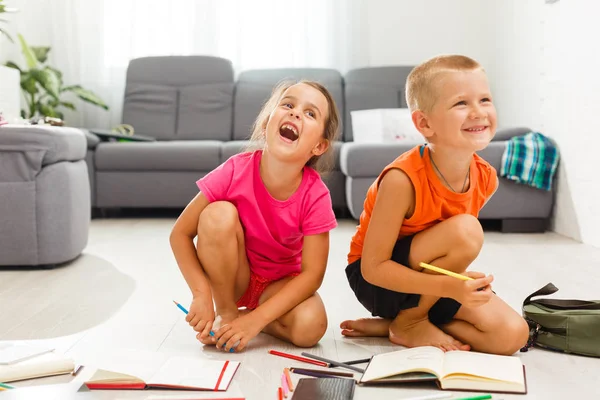 Little Girl Boy Preschool Age Studding Home Floor — Stock Photo, Image