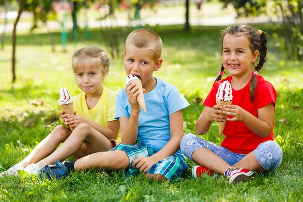 Маленькі Діти Сидять Зеленій Траві Їдять Морозиво — стокове фото