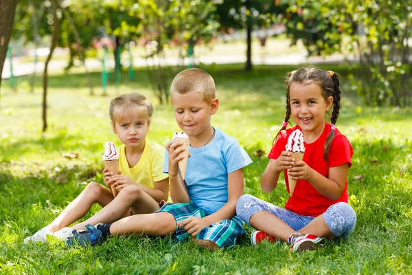 Petits Enfants Assis Sur Herbe Verte Mangeant Glace — Photo