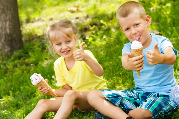 Маленькие Дети Сидят Зеленой Траве Едят Мороженое — стоковое фото