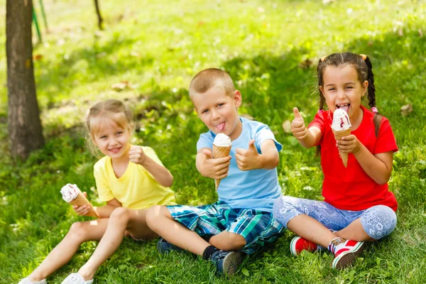 Yeşil Çimenlerin Üzerinde Oturan Dondurma Yemek Küçük Çocuklar — Stok fotoğraf