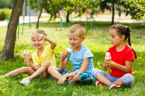 Petits Enfants Assis Sur Herbe Verte Mangeant Glace — Photo