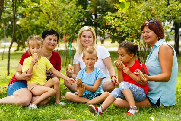 Família Com Crianças Comendo Sorvete Parque Verde — Fotografia de Stock