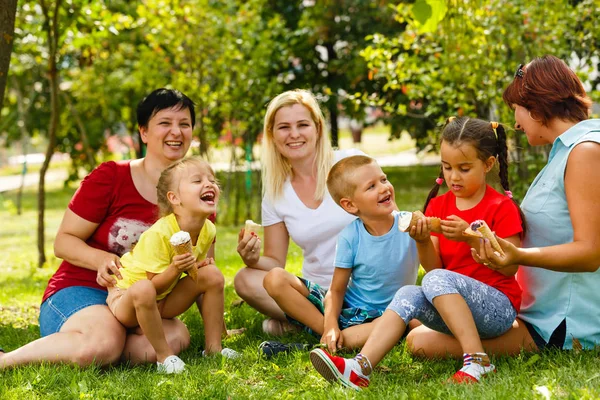 Família Com Crianças Comendo Sorvete Parque Verde — Fotografia de Stock