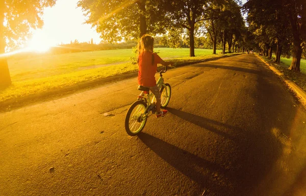 Menina Pedalando Bicicleta Campo Pôr Sol — Fotografia de Stock