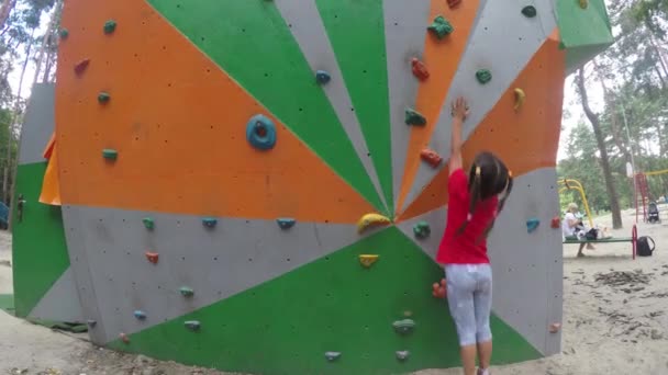 Deportiva Chica Escalando Roca Artificial Pared Práctica Parque — Vídeo de stock